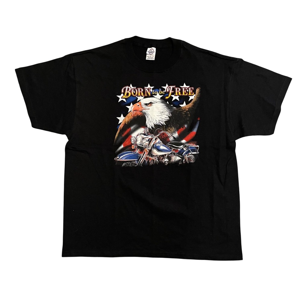 Vintage Y2K Biker Born to be Free Eagle Motorcycle Graphic T-Shirt Mens XL Black